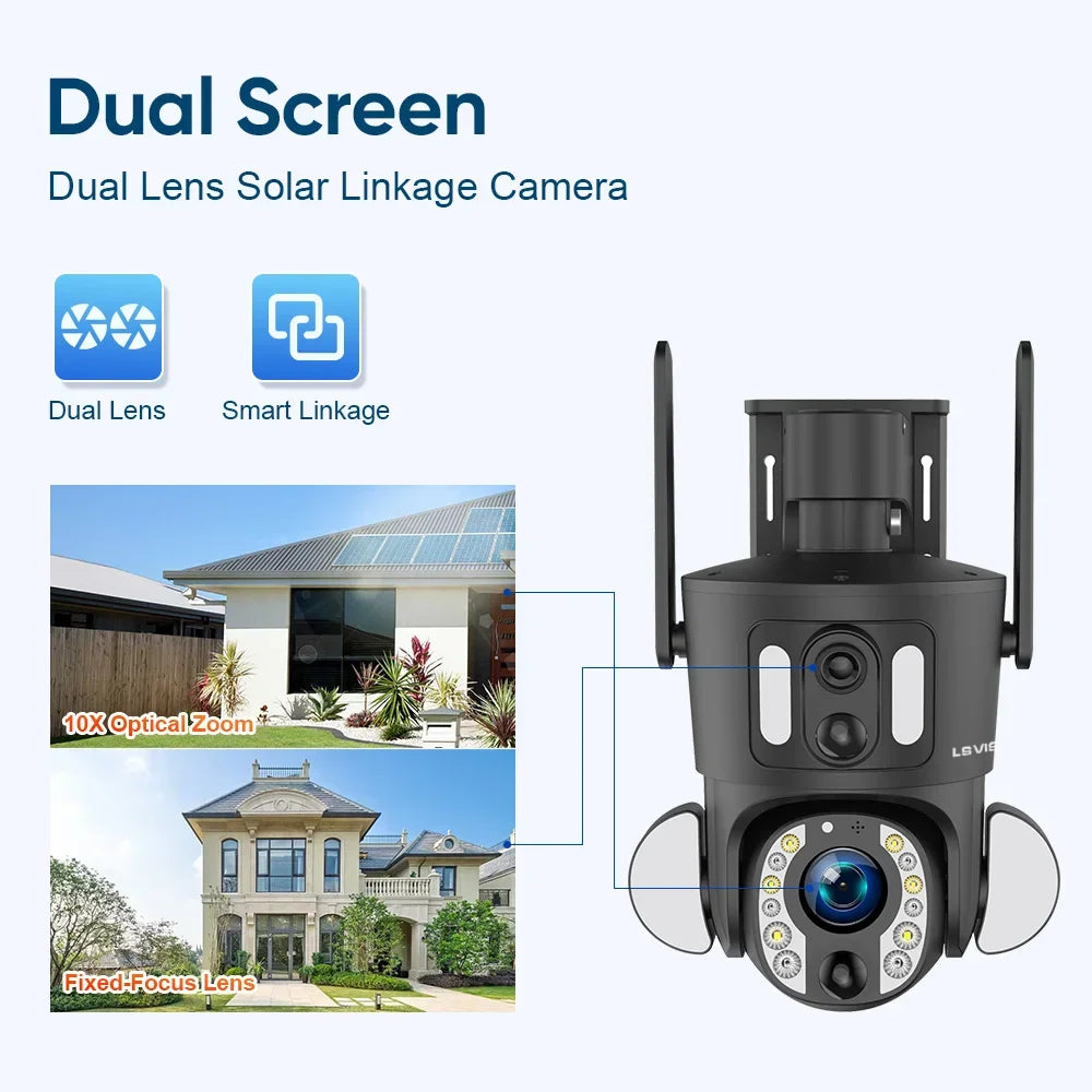 LS VISION 20X Optical Zoom Dual Screen Solar Camera 4G Sim 4K WiFi PTZ Dual PIR Detection Humano Auto Tracking CCTV Camera IP66