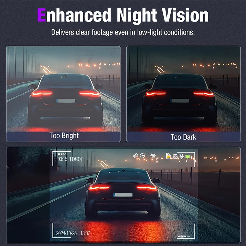 Triple Lens WiFi Dashcam, 3 Channel Car Camera, 1080P HD Video Recorder, Night Vision, Car DVR with Wide Angle for Front and Rea