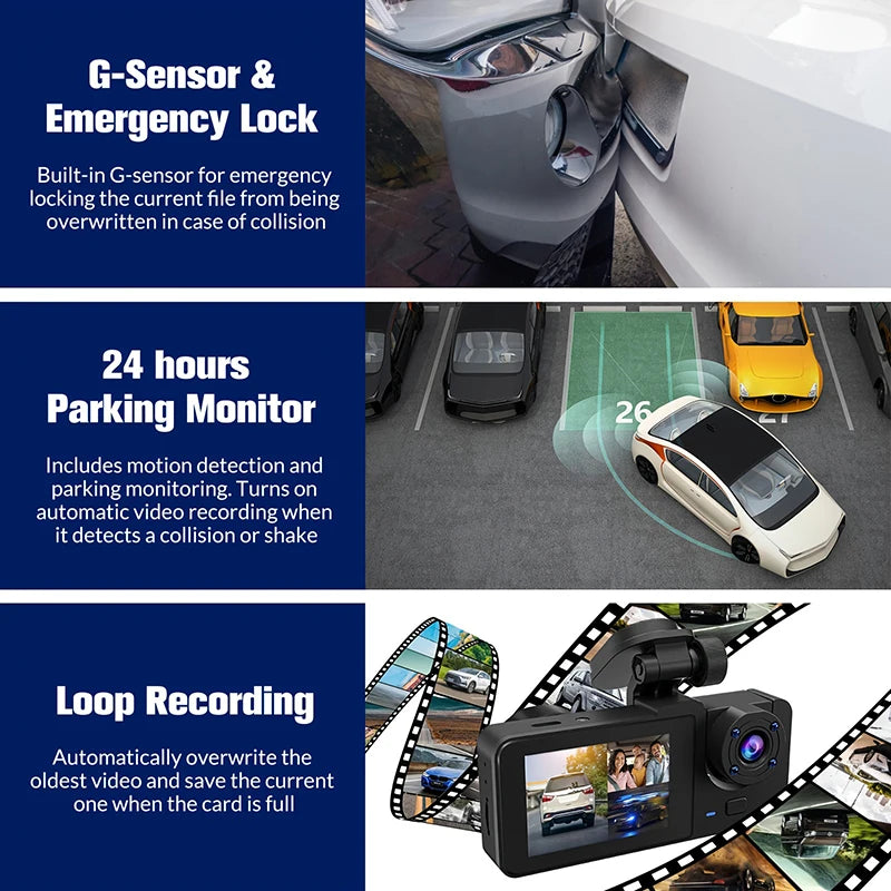 Triple Lens WiFi Dashcam, 3 Channel Car Camera, 1080P HD Video Recorder, Night Vision, Car DVR with Wide Angle for Front and Rea