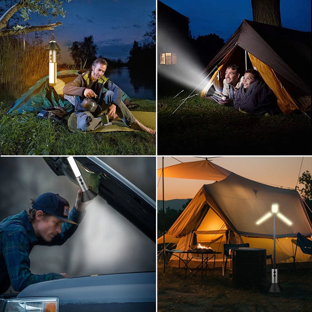 2 in 1 LED Camping Light High Bright Flashlight USB Rechargeable Zoom with Hook Outdoor Emergency Camping Lamp Stand Base