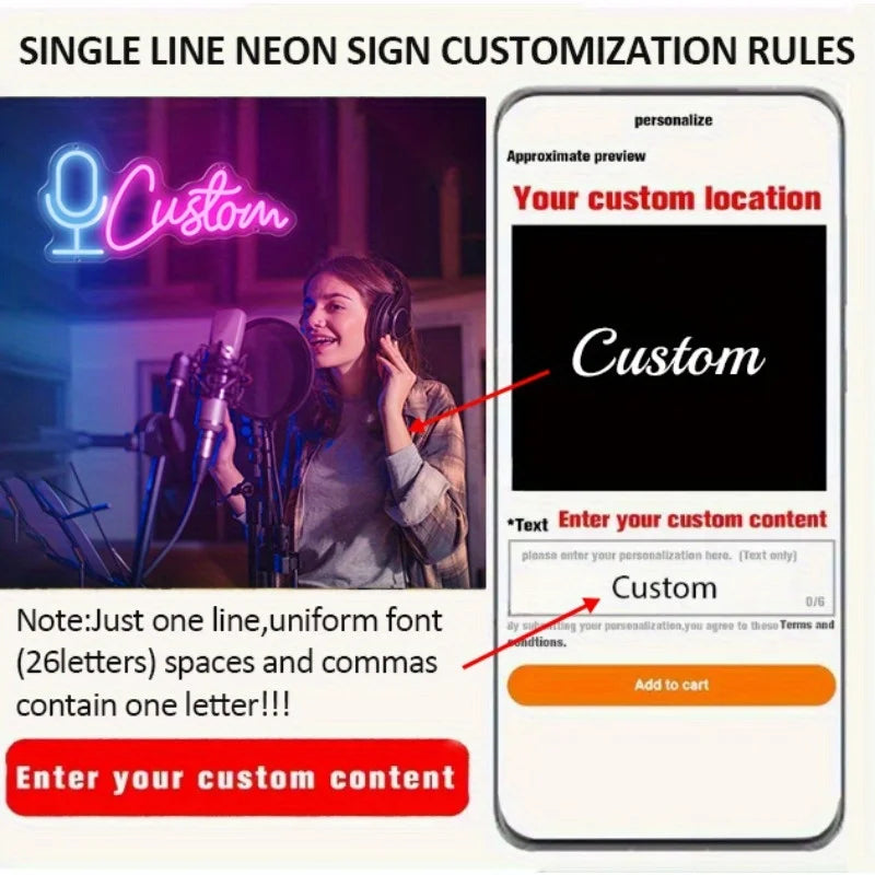 Personalized LED Neon Sign with Microphone Design Custom USB Powered Wall Art Neon Light for Bedroom, Bar, Shop, Gaming Room