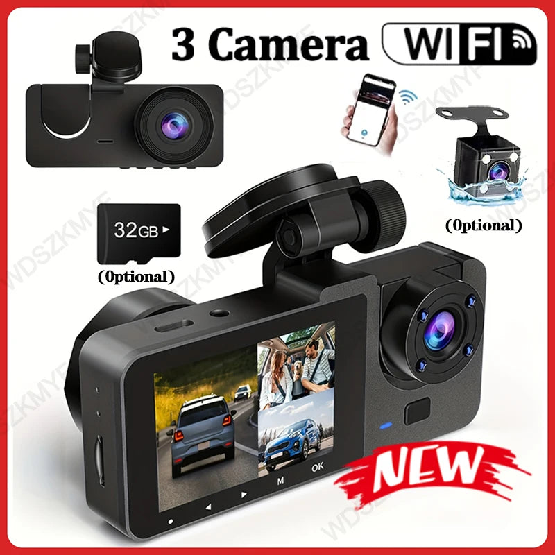 Triple Lens WiFi Dashcam, 3 Channel Car Camera, 1080P HD Video Recorder, Night Vision, Car DVR with Wide Angle for Front and Rea