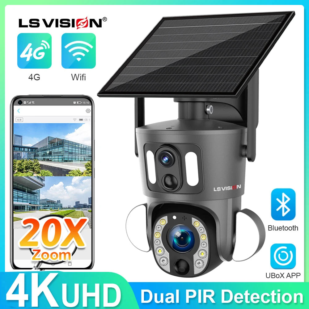 LS VISION 20X Optical Zoom Dual Screen Solar Camera 4G Sim 4K WiFi PTZ Dual PIR Detection Humano Auto Tracking CCTV Camera IP66