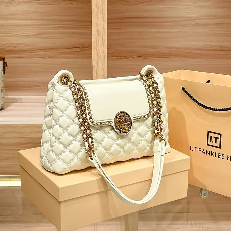 Brand genuine leather chain bag for women in 2025, new designer with a sense of luxury, large capacity underarm shoulder bag