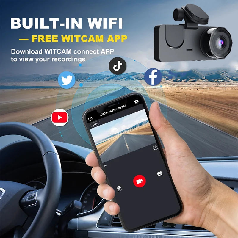 Triple Lens WiFi Dashcam, 3 Channel Car Camera, 1080P HD Video Recorder, Night Vision, Car DVR with Wide Angle for Front and Rea