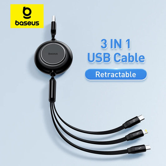 Baseus 3 IN 1 USB Charge Cable for iPhone 13 12 Micro USB Type C Cable Retractable Charging Cable For iPhone X 8 Samsung