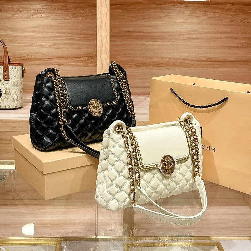 Brand genuine leather chain bag for women in 2025, new designer with a sense of luxury, large capacity underarm shoulder bag