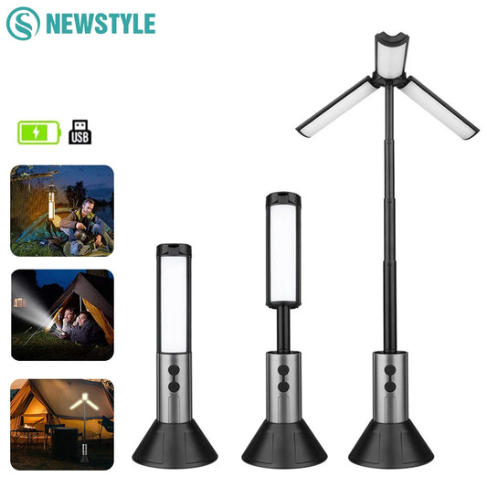2 in 1 LED Camping Light High Bright Flashlight USB Rechargeable Zoom with Hook Outdoor Emergency Camping Lamp Stand Base