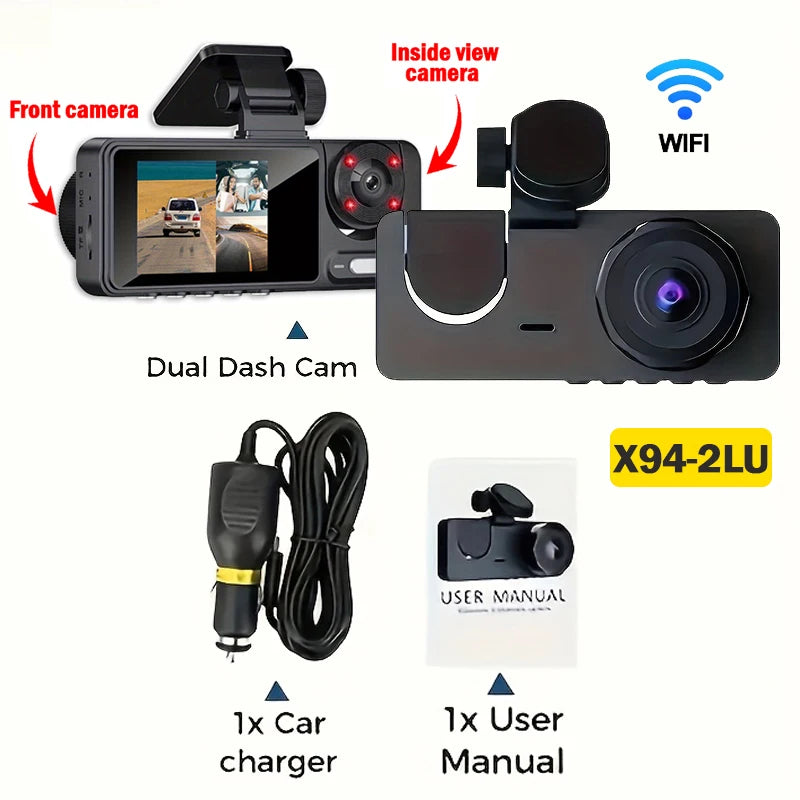 Triple Lens WiFi Dashcam, 3 Channel Car Camera, 1080P HD Video Recorder, Night Vision, Car DVR with Wide Angle for Front and Rea