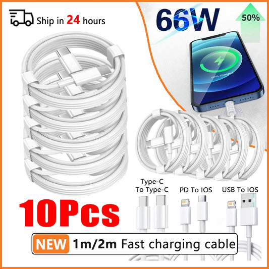 10Pcs 66W Type C PD 30W USB Cable For Apple iPhone 16 15 14 13 12 11 Pro Max 7 8 Plus XS R Fast Charging USB C Cable Charge Wire