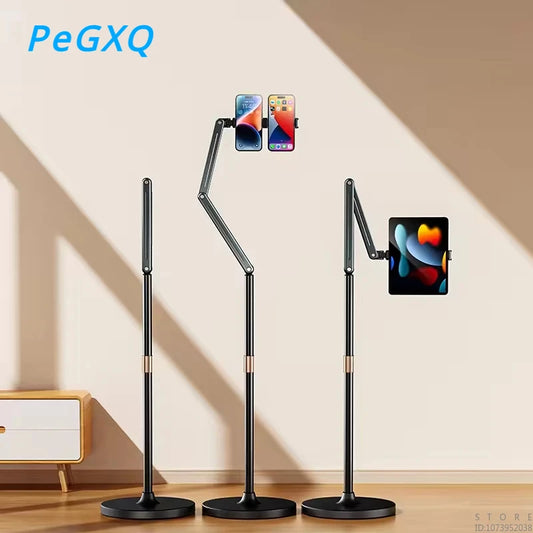 360-Degree Rotatable Floor Stand with Long Arm, Telescopic Aluminum Alloy Holder for 4-12.9 Inch Mobile Phones and Tablets