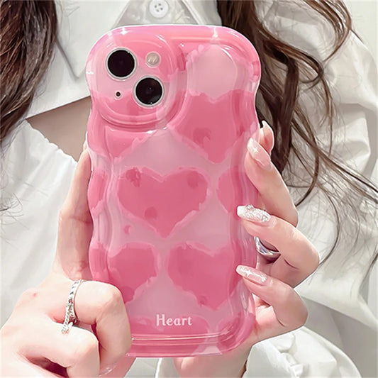 Korea Cute Pink Love Heart Wavy Phone Case For iPhone 15 14 13 11 12 Pro Max Plus  X XS XR Shockproof Protective Soft Back Cover