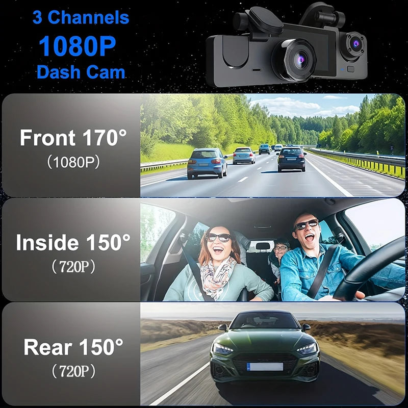 Triple Lens WiFi Dashcam, 3 Channel Car Camera, 1080P HD Video Recorder, Night Vision, Car DVR with Wide Angle for Front and Rea