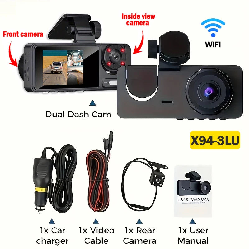 Triple Lens WiFi Dashcam, 3 Channel Car Camera, 1080P HD Video Recorder, Night Vision, Car DVR with Wide Angle for Front and Rea